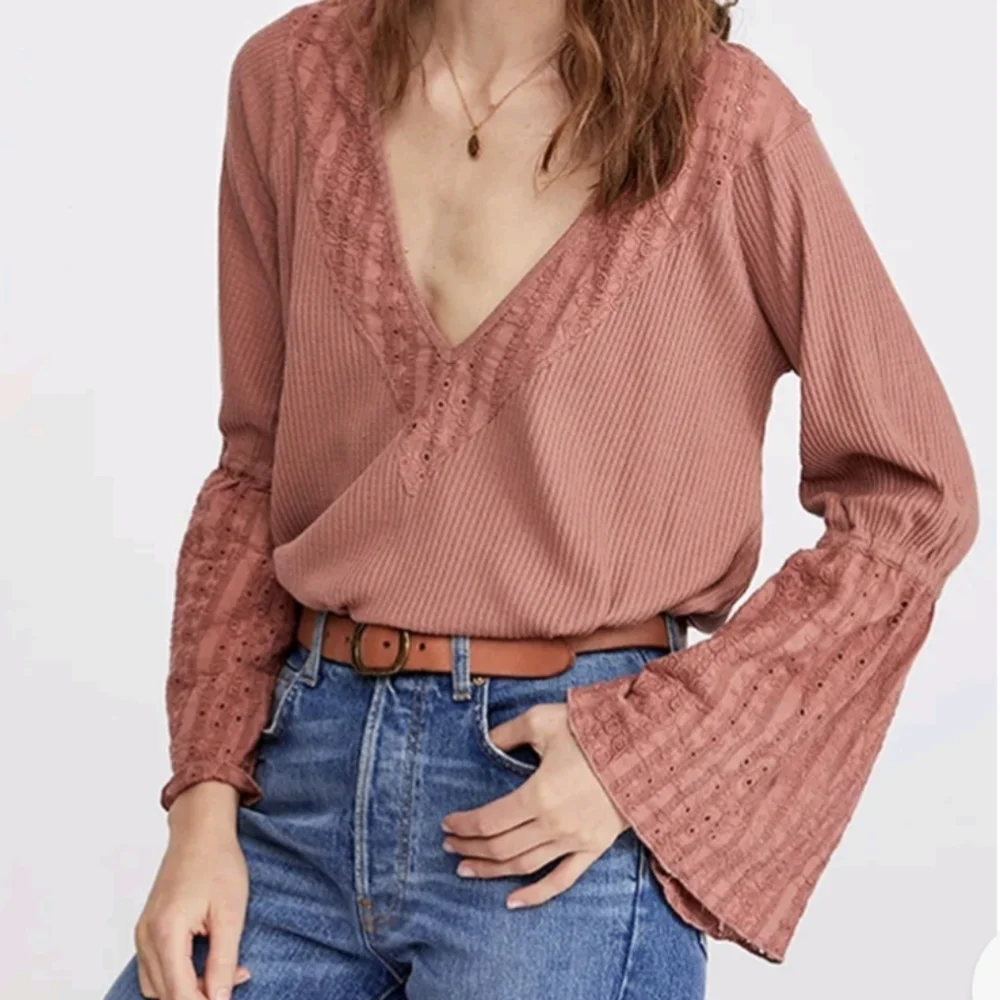 Free People Parisian Nights Pink Eyelet Bell Sleeve Waffle Knit Top size S - Picture 3 of 10